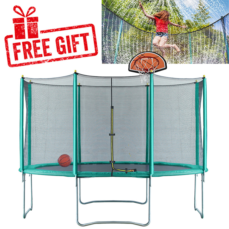 Velocity 12ft Trampoline with Safety Enclosure - Free Basketball & Water Mister - Green