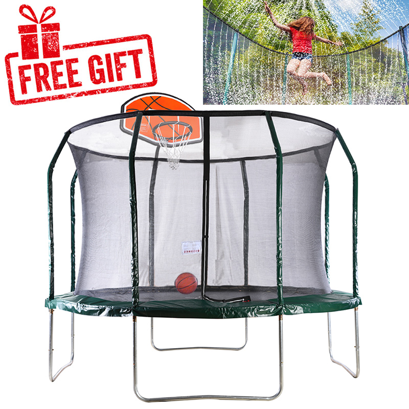 Big Air Extreme 12ft Trampoline with Safety Enclosure - Free Basketball & Water Mister - Green