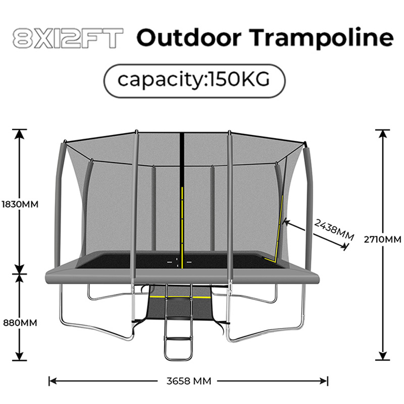 8x12ft Rectangular Trampoline with Safety Enclosure Grey – Free Ladder & Shoe Tidy