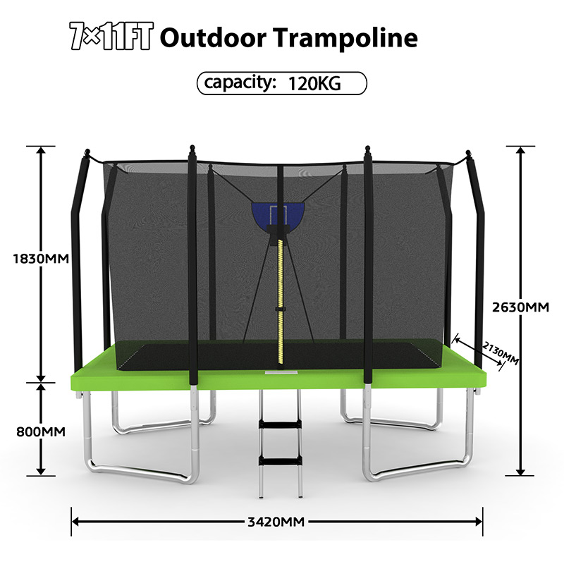 7x11ft Rectangular Trampoline with Safety Enclosure Green FREE Ladder & Basketball Game