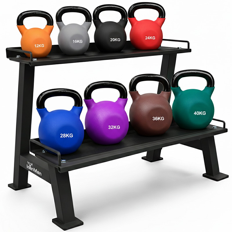IronMan 8 Coated Kettlebells & Two-Tier Kettlebell Storage Rack Set|12kg–40kg Neoprene Coated Kettlebells