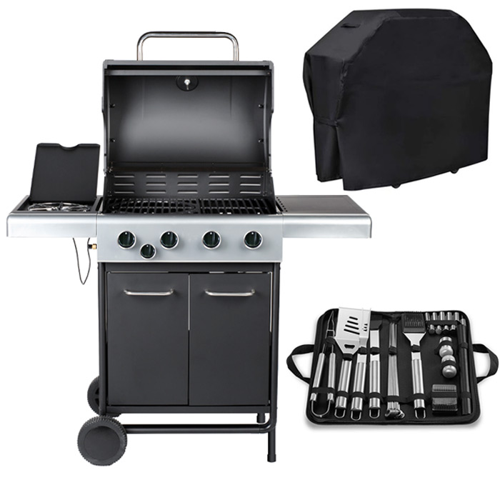 Embermann Prestige 4 Burner Gas Barbecue with Side Burner & Free Heavy-Duty Cover & Deluxe BBQ Tool Set