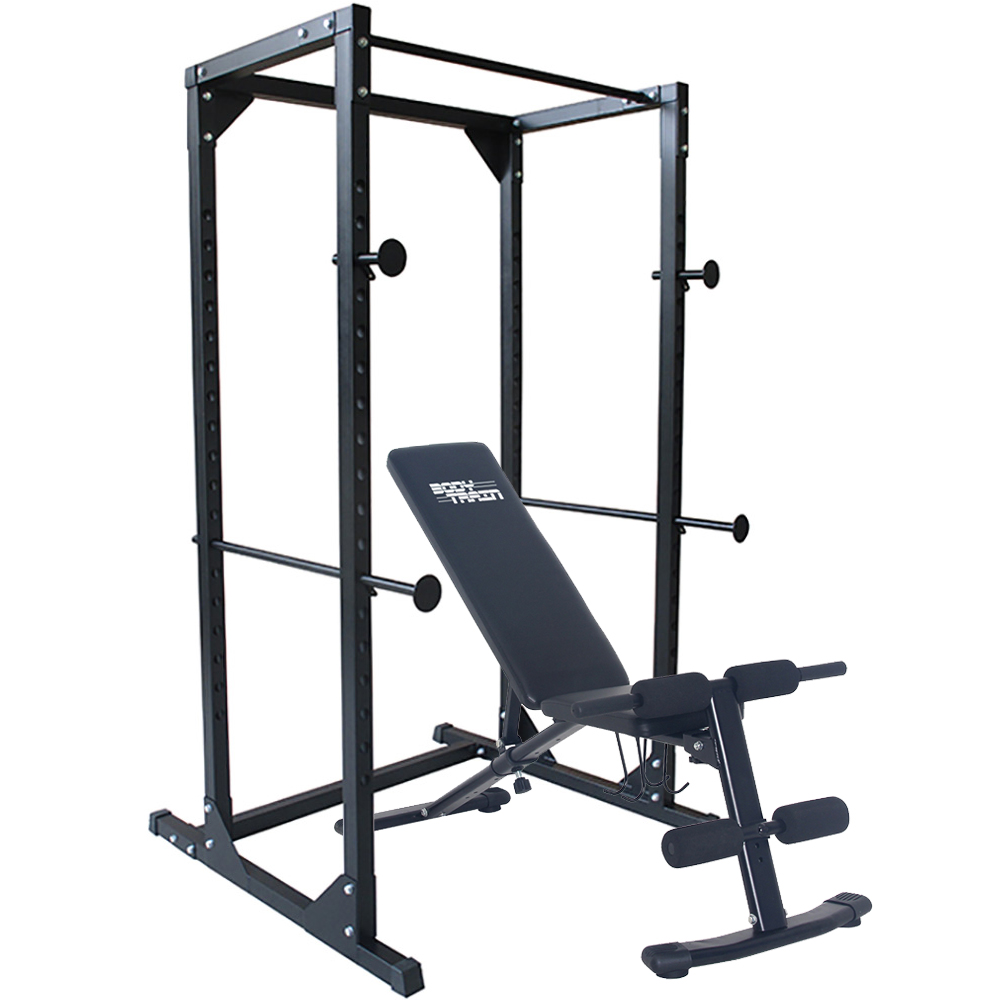 BodyTrain Heavy Duty Adjustable Power Rack Weight Lifting Cage & Foldable Adjustable Weight Bench Package
