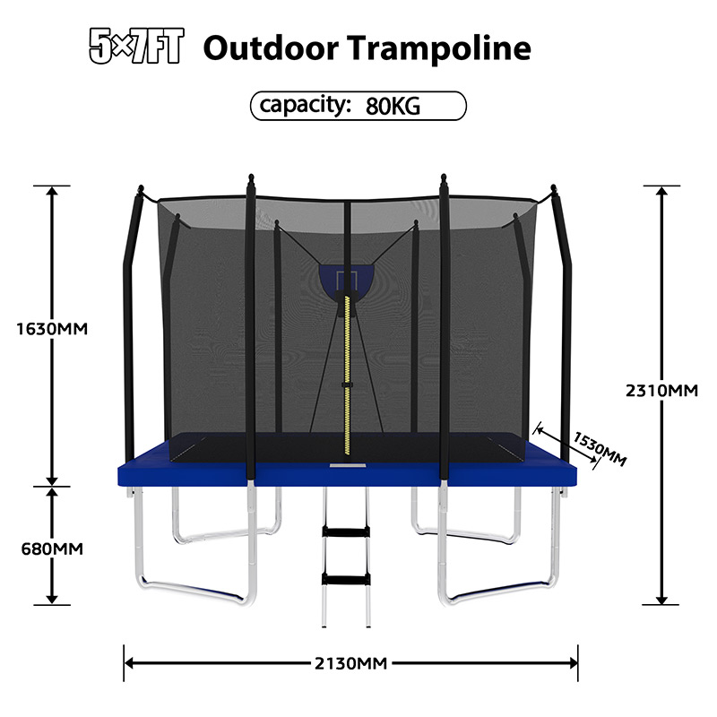 Big Air Bounce 5x7ft Rectangular Trampoline with Safety Enclosure Blue FREE Ladder & Basketball Game - Image 11