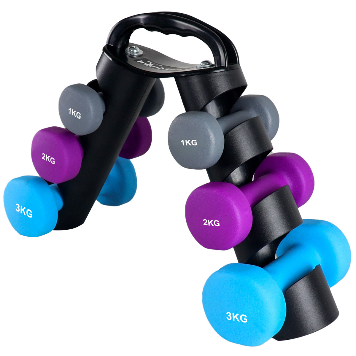 IronMan Neoprene Coated Cast Iron Dumbbell Set with Carry Rack 1, 2, 3kg Pairs