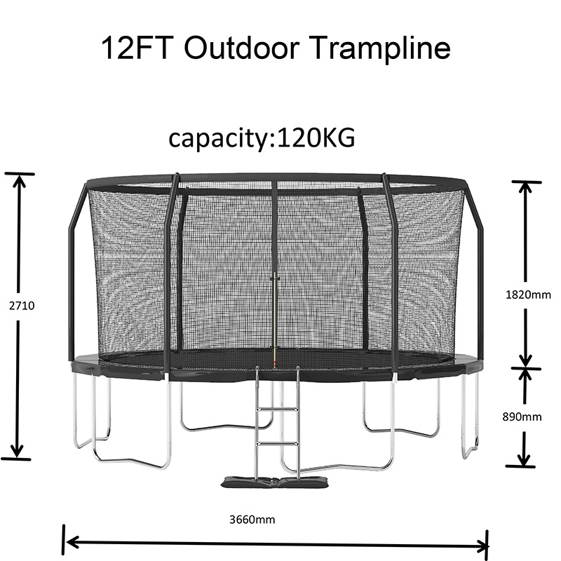 12ft Trampoline with Safety Enclosure Free Ladder Floor Mat & Socks – Black / Black