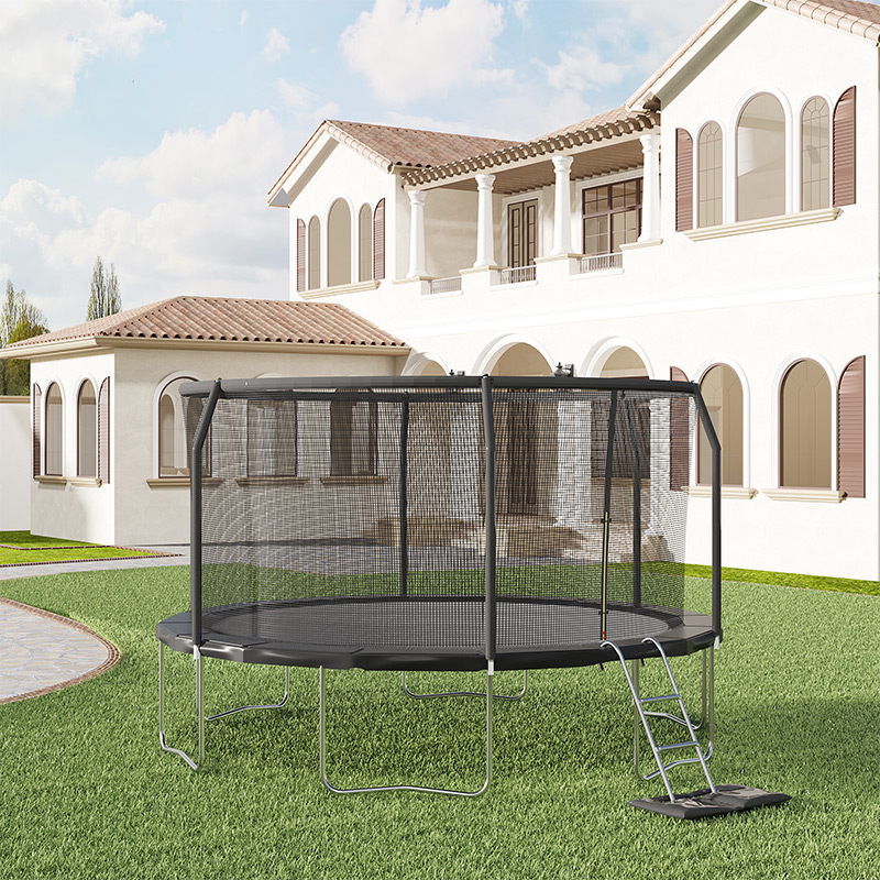 12ft Trampoline with Safety Enclosure Free Ladder Floor Mat & Socks – Black / Black