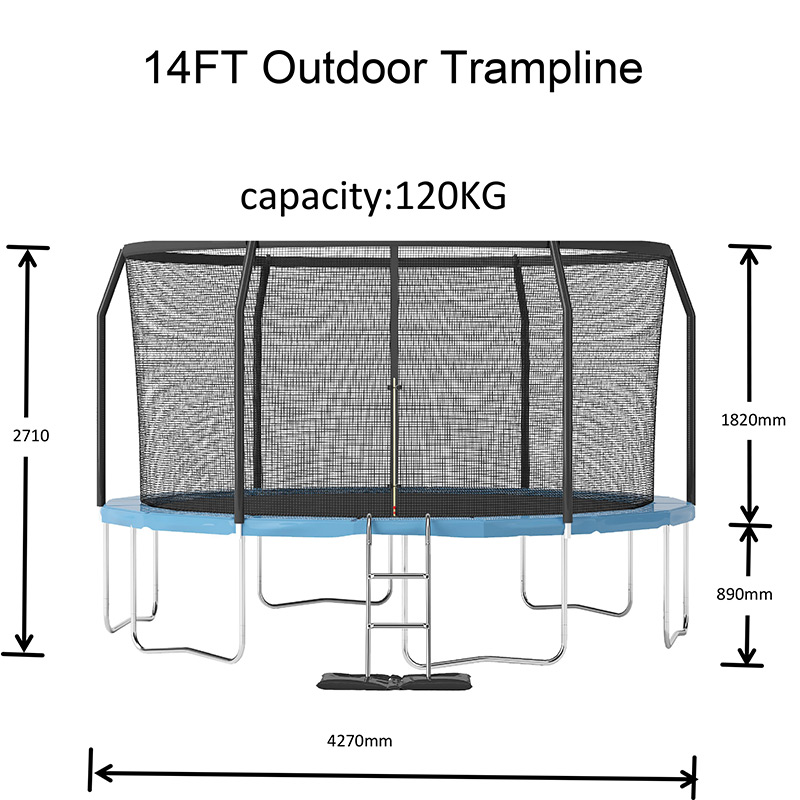 14ft Trampoline with Safety Enclosure Free Ladder Floor Mat & Socks – Black / Blue