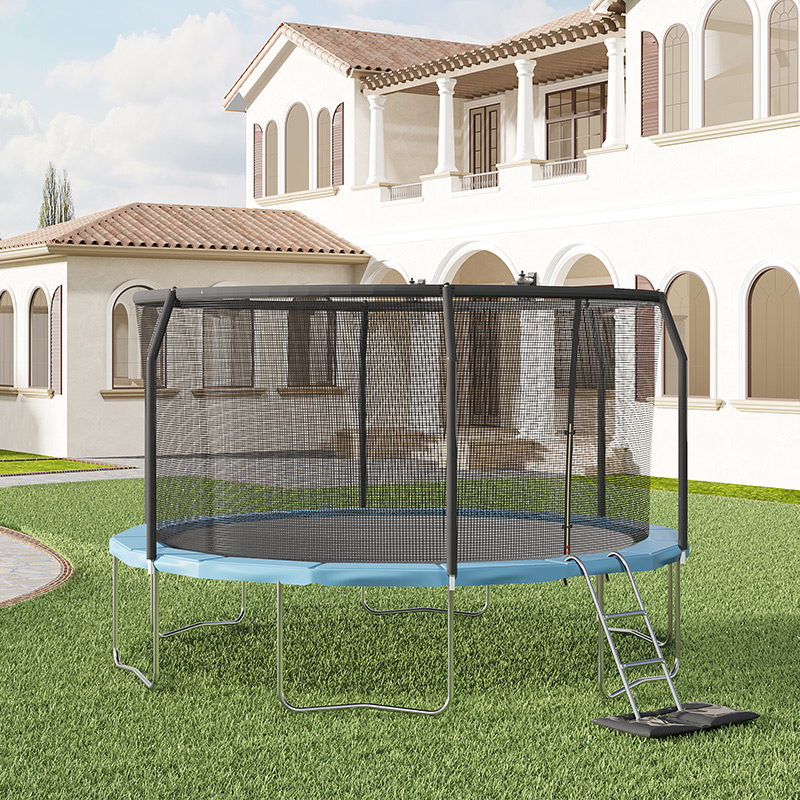 14ft Trampoline with Safety Enclosure Free Ladder Floor Mat & Socks – Black / Blue