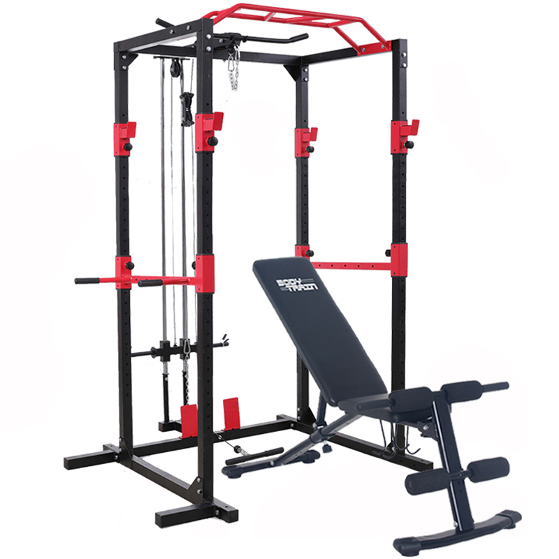 BodyTrain Professional Power Rack with Cable System & Foldable Adjustable Weight Bench Package