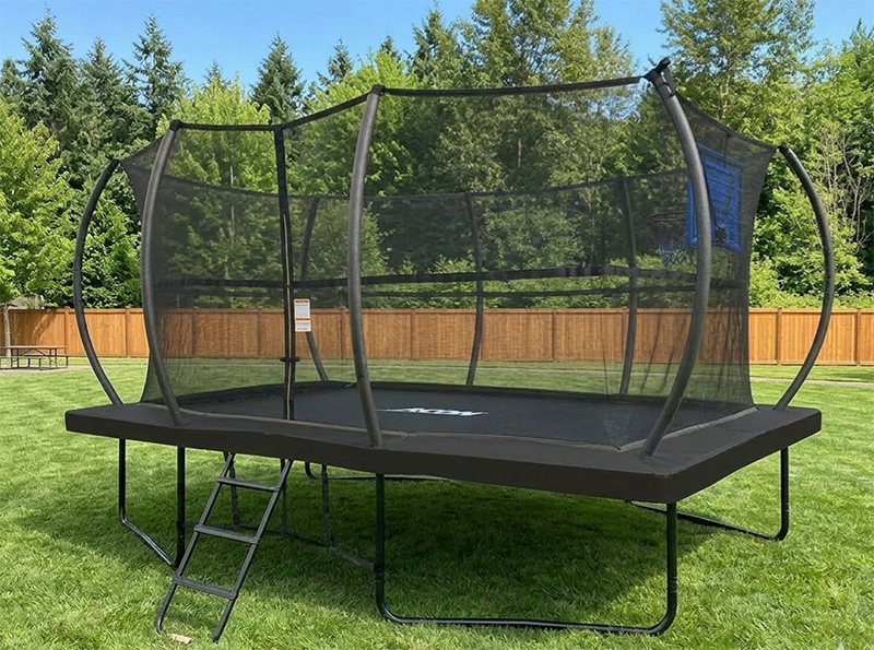 8x12ft Rectangular Powder Coated Trampoline with Safety Enclosure Black - Free Ladder Shoe Tidy Anchor Kit Basketball