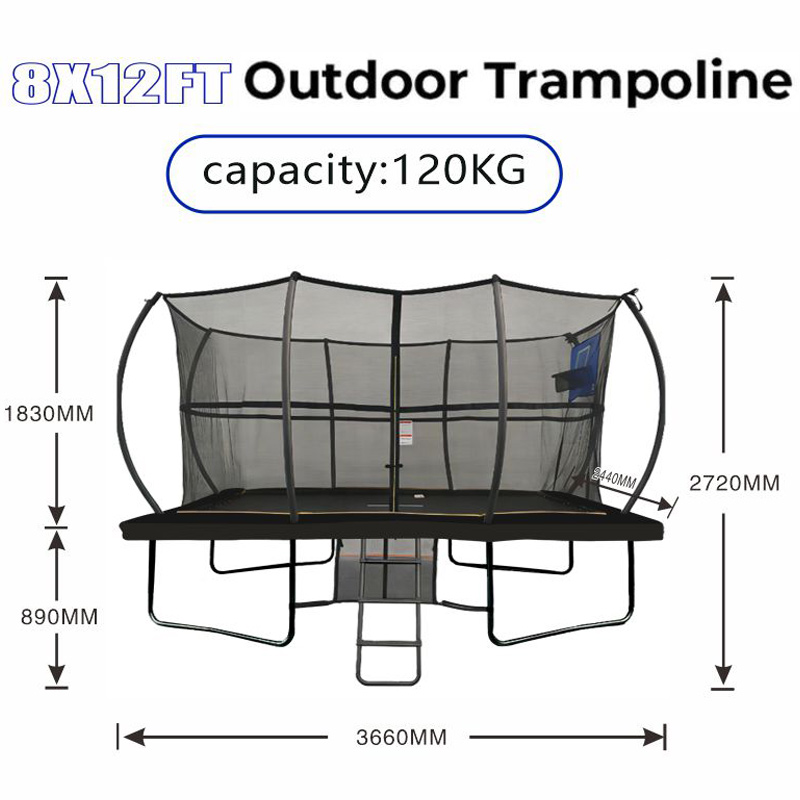 8x12ft Rectangular Powder Coated Trampoline with Safety Enclosure Black - Free Ladder Shoe Tidy Anchor Kit Basketball