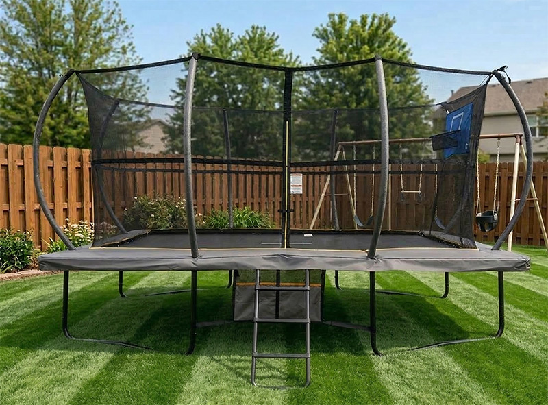 Big Air Super Bounce 8x12ft Rectangular Powder Coated Trampoline with Safety Enclosure Grey - Free Ladder Shoe Tidy Anchor Kit Basketball