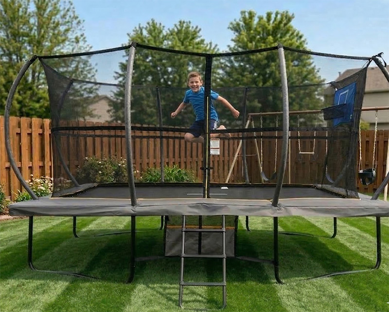 Big Air Super Bounce 8x12ft Rectangular Powder Coated Trampoline with Safety Enclosure Grey - Free Ladder Shoe Tidy Anchor Kit Basketball