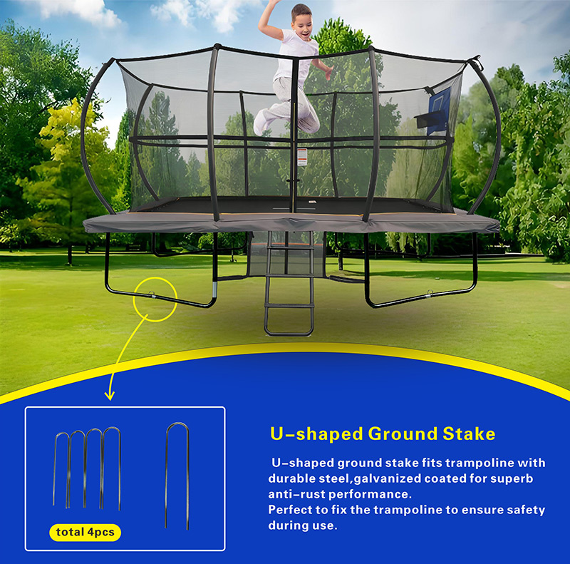 Big Air Super Bounce 8x12ft Rectangular Powder Coated Trampoline with Safety Enclosure Grey - Free Ladder Shoe Tidy Anchor Kit Basketball