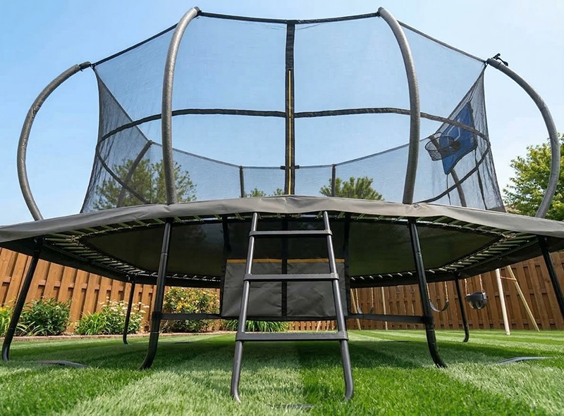 Big Air Super Bounce 8x12ft Rectangular Powder Coated Trampoline with Safety Enclosure Grey - Free Ladder Shoe Tidy Anchor Kit Basketball