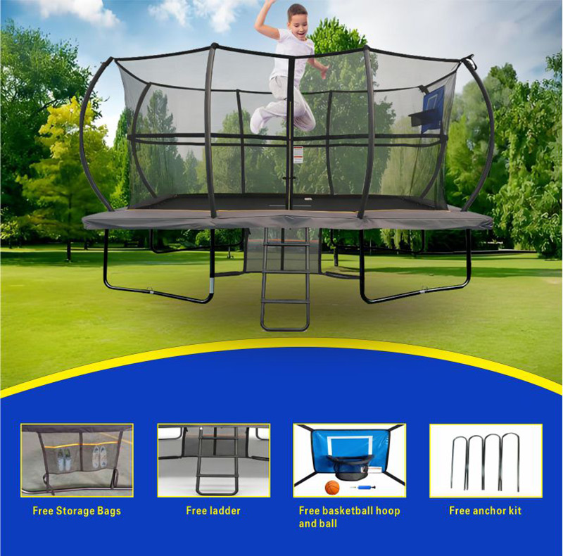 Big Air Super Bounce 8x12ft Rectangular Powder Coated Trampoline with Safety Enclosure Grey - Free Ladder Shoe Tidy Anchor Kit Basketball