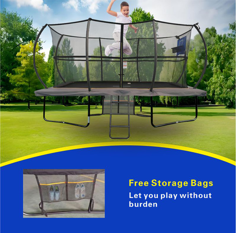 Big Air Super Bounce 8x12ft Rectangular Powder Coated Trampoline with Safety Enclosure Grey - Free Ladder Shoe Tidy Anchor Kit Basketball