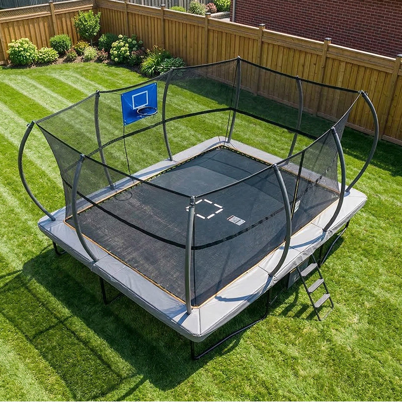 Big Air Super Bounce 8x12ft Rectangular Powder Coated Trampoline with Safety Enclosure Grey - Free Ladder Shoe Tidy Anchor Kit Basketball