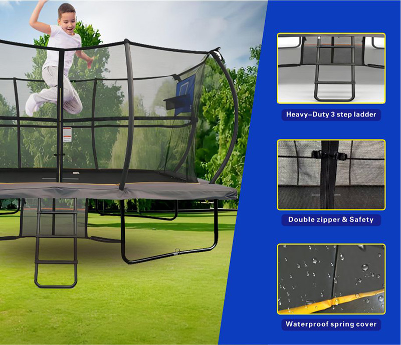 Big Air Super Bounce 8x12ft Rectangular Powder Coated Trampoline with Safety Enclosure Grey - Free Ladder Shoe Tidy Anchor Kit Basketball