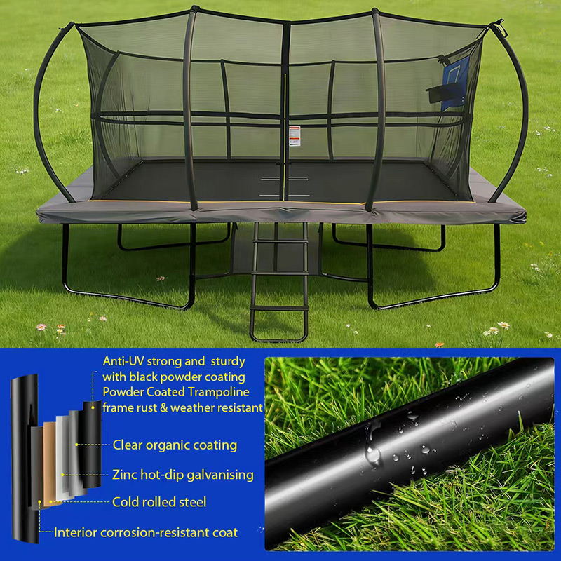 Big Air Super Bounce 8x12ft Rectangular Powder Coated Trampoline with Safety Enclosure Grey - Free Ladder Shoe Tidy Anchor Kit Basketball