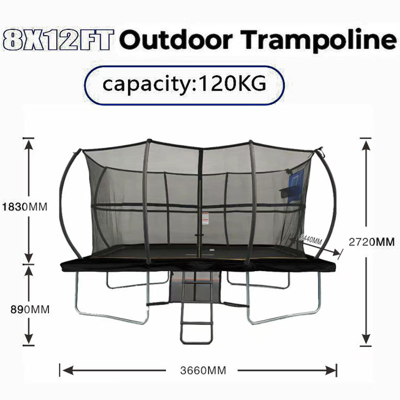 8x12ft Rectangular Trampoline with Safety Enclosure Black - Free Ladder Shoe Tidy Anchor Kit Basketball