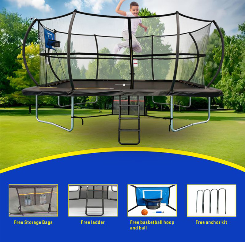 8x12ft Rectangular Trampoline with Safety Enclosure Black - Free Ladder Shoe Tidy Anchor Kit Basketball