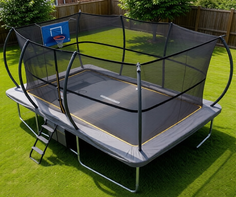 Big Air Super Bounce 7x10ft Rectangular Trampoline with Safety Enclosure Grey - Free Ladder Shoe Tidy Anchor Kit Basketball Game